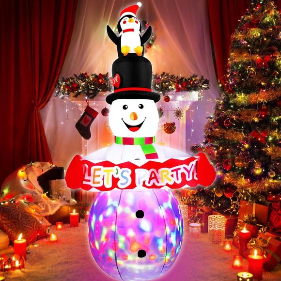 8 FT Christmas Inflatables Colorful Snowman with Penguin& Colorful Rotating LED - Picture 3 of 7